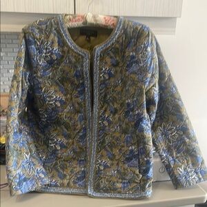 Talbots Olive and Light Blue Embroidered Quilted Jacket